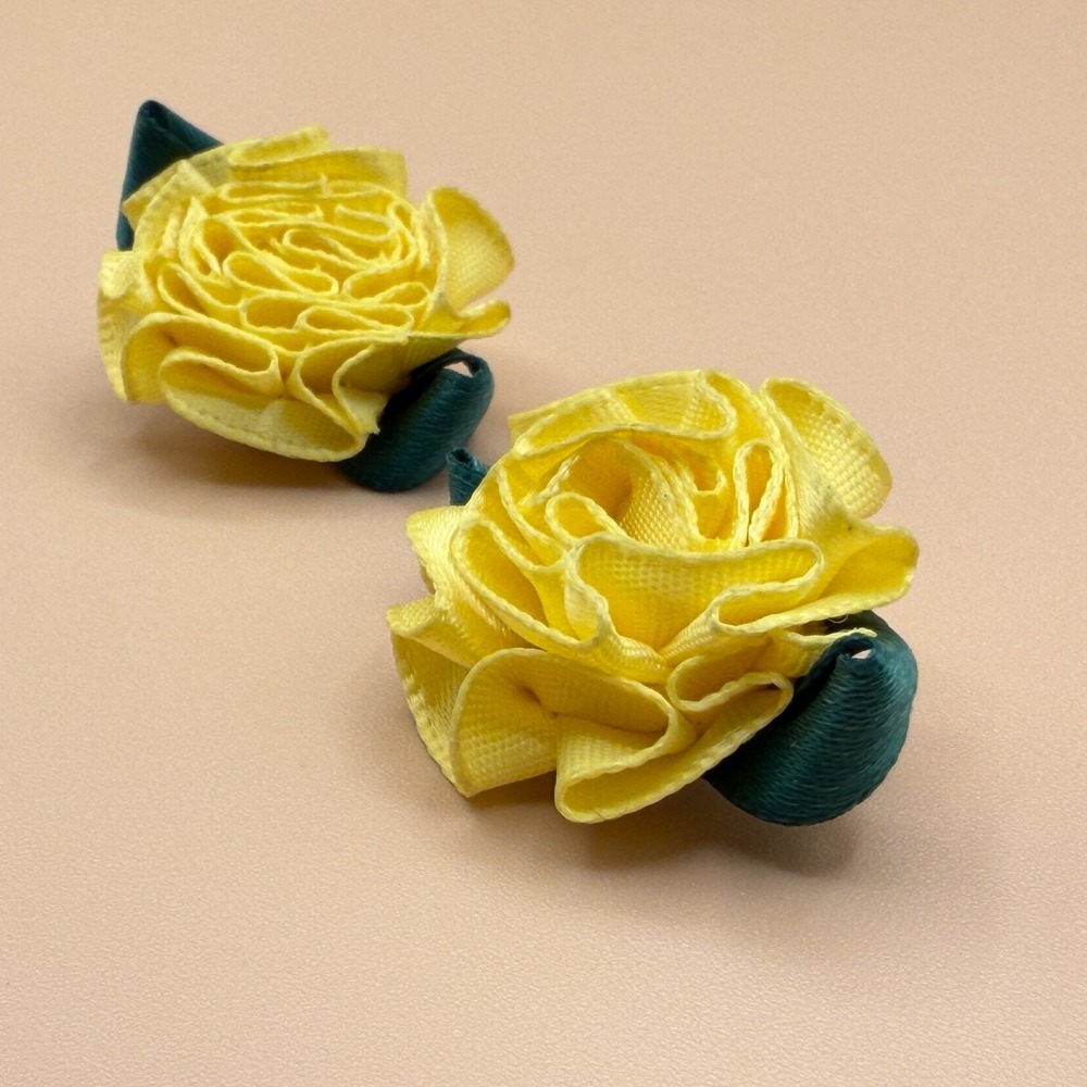 Yellow Satin Rose Clip On Earrings Green Leaf Floral Vintage Cottagecore Gift